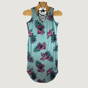1605 | Kristin Nicole Tropical Floral Lattice Neck Bodycon Midi Dress Teal L